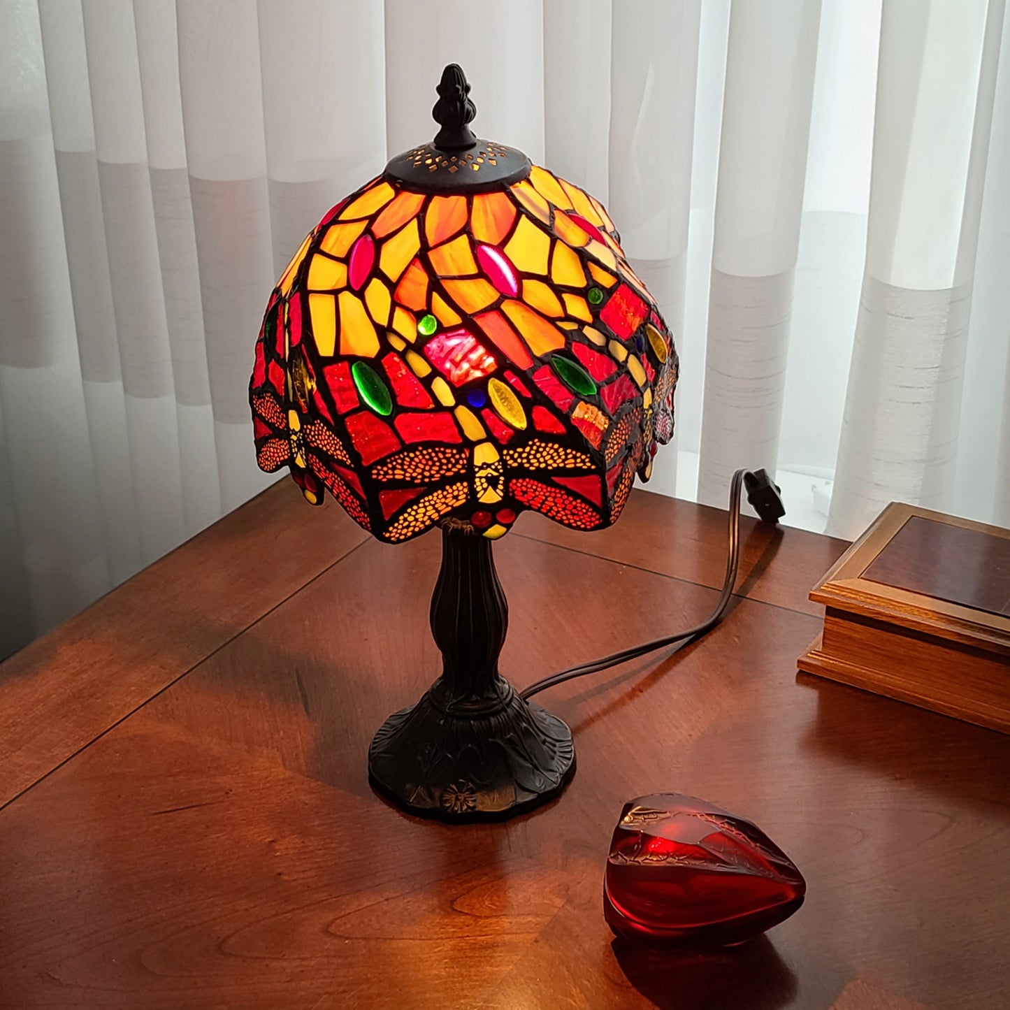 15" Dark Brown Metal Candlestick Table Lamp With Red and Black Novelty Shade-6