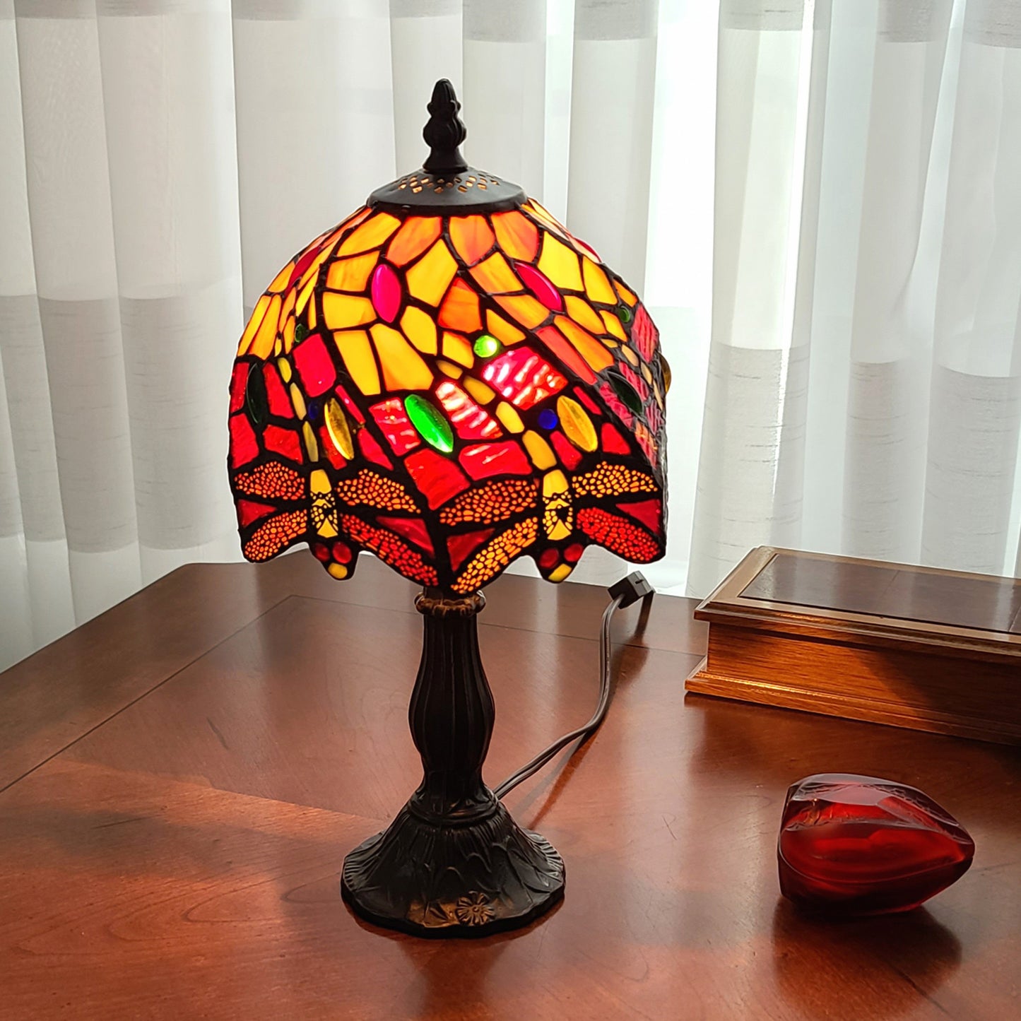 15" Dark Brown Metal Candlestick Table Lamp With Red and Black Novelty Shade-7