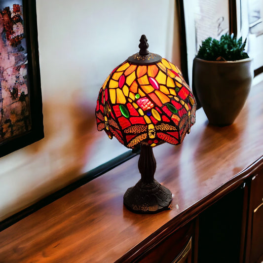 15" Dark Brown Metal Candlestick Table Lamp With Red and Black Novelty Shade-0